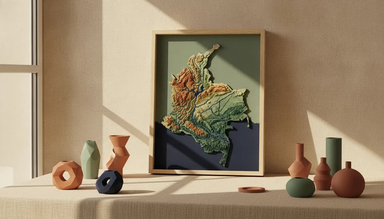 Mapa de Colombia en relieve impreso en 3D, en un marco de madera con luz de amanecer (imagen de adelanto)