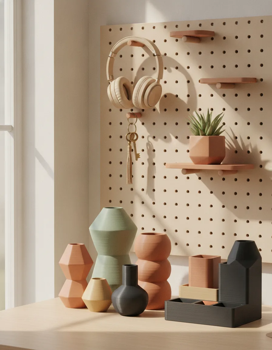 Pared con soportes impresos en 3D que sostienen audífonos, llaves y una planta (imagen de adelanto)