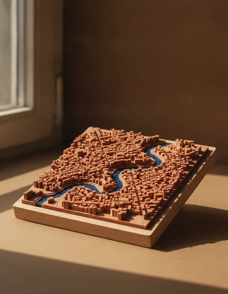 Relieve de ciudad impreso en 3D en terracota y azul marino (imagen de adelanto)