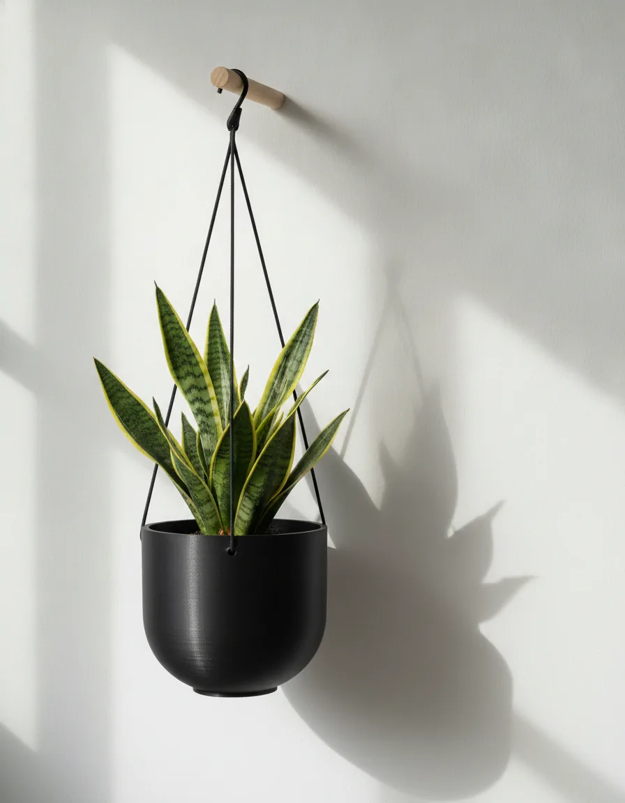 Maceta negra colgada de un palo de madera con una planta (imagen de adelanto)