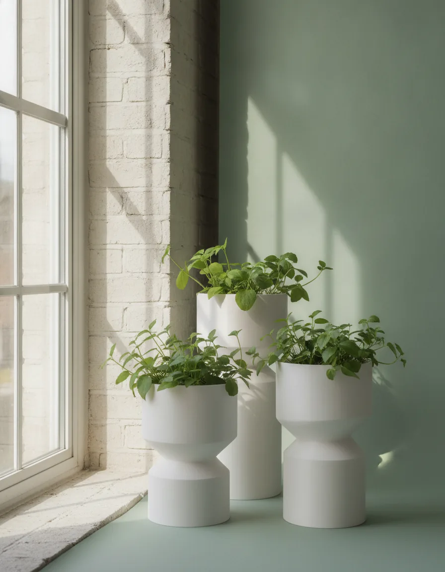 Macetas blancas apiladas con plantas junto a una ventana (imagen de adelanto)